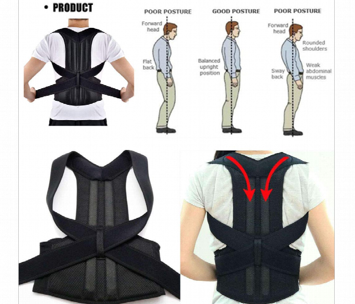 Posture corrector with illustrations of poor and good posture.