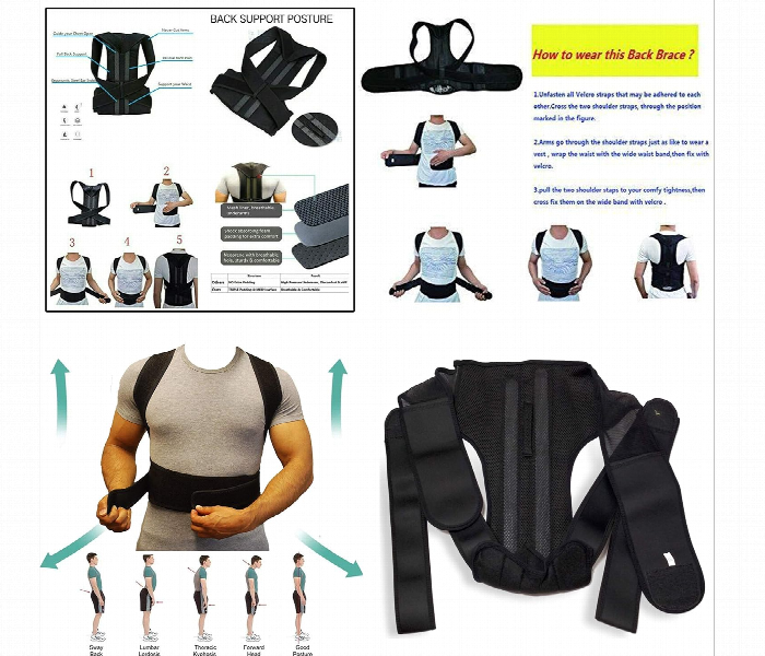 Back support brace with usage instructions and diagrams on a white background