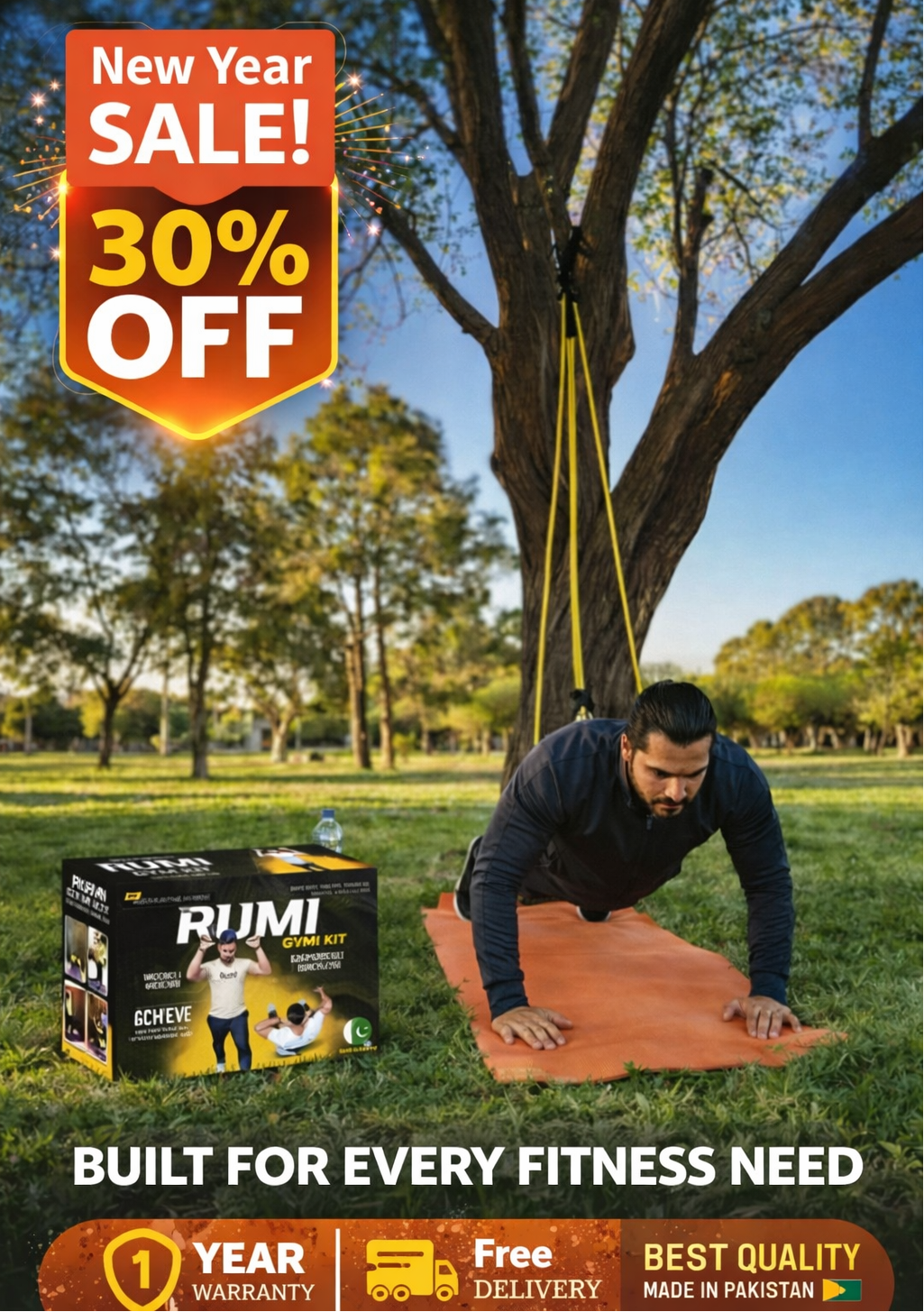 Person exercising with a fitness strap in a park, with Rumi fitness products displayed.